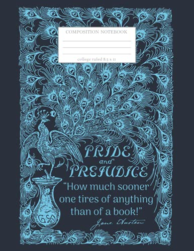 Jane Austen Quote Composition Notebook - College Ruled, 8.5 x 11: Pride and Prejudice Peacock Feather Book Quote Design,110 Pages