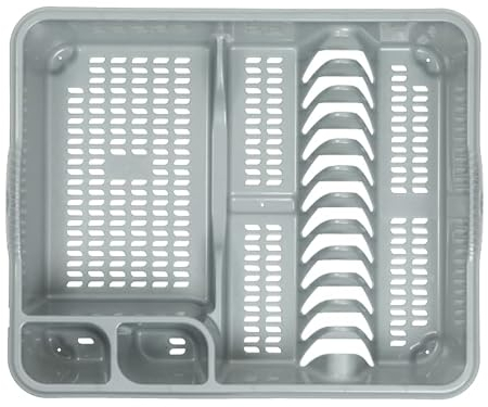 Large Dish Drainer Strong Plastic Holds up to 12 plates with two cutlery drainer Grey/Silver 46.50 x 38.00 x 9.00 cm