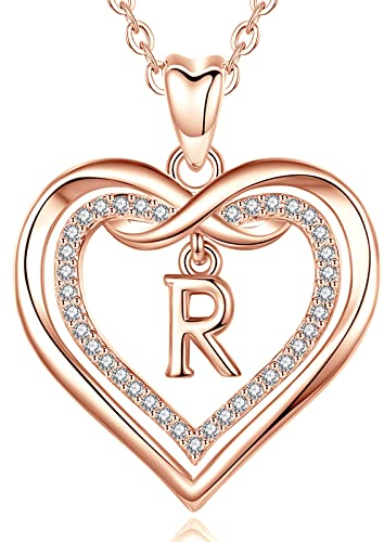 AEONSLOVE Collier Lettre Femme Cuivre Plaqué Or Rose Pendentif Initiale Coeur Fille Collier Personnalisé Prénom avec Zircone Cubique Bijoux Lettre R Alphabet Cadeau Anniversaire Fête des Mères