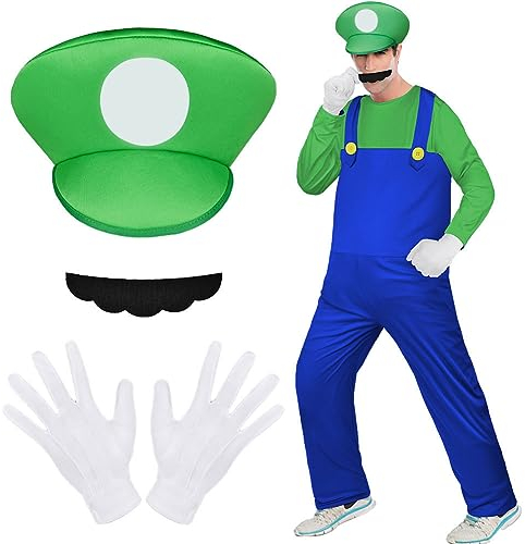 Aomig Kostüm Erwachsene, 4 Stück Bros Cosplay Kostüm mit Mütze Hose Bart Handschuhe, Kostüm Set Männer Damen, Erwachsene Outfit für Weihnachten Karneval Faschingskostüme (Grün,L)