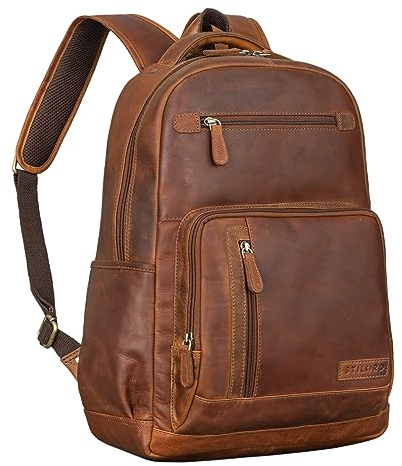 STILORD 'Hubertus' Lederrucksack Damen und Herren Vintage Laptop-Rucksack 15,6 Zoll Schulrucksack Leder Daypacks Lehrertasche Retro, Farbe:cognac - braun
