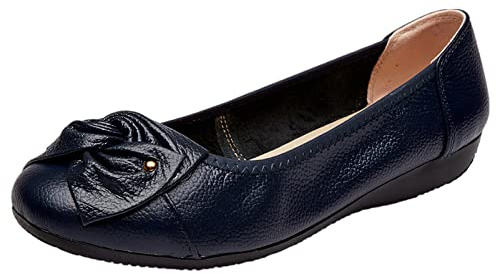 rismart Women's Leather Ballet Flats Slip on Ballerina Pumps Work Shoes with Bow Navy Blue,7