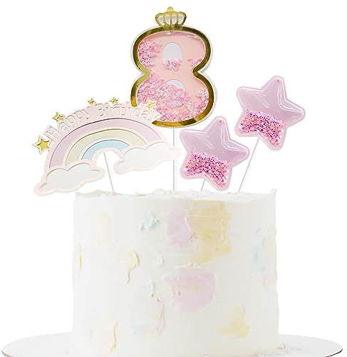 4PCS 8th Birthday Cake Toppers Rainbow Little Stars for Birthday Party Wedding Anniversary Baby Shower Decoration (pink)