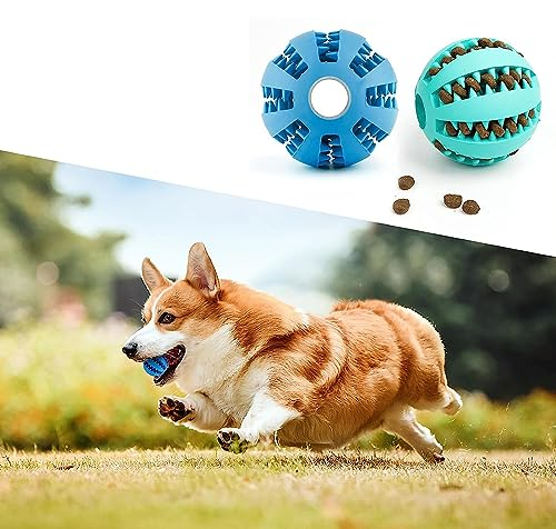 DEWEL Set de 2 Pelota Perro, Bolas Interactivos para Perros, Juguete Dispensador de Golosinas para Mascotas, Pelota Dental Perro Indestructible de Caucho, Azul y Verde 7cm