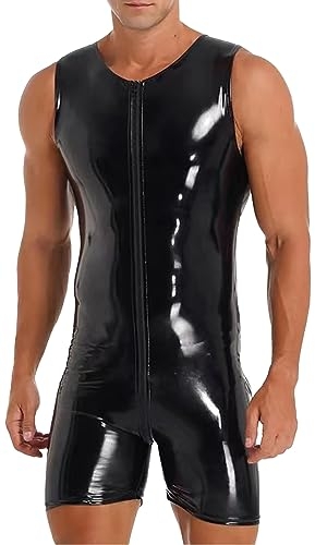 Maeau Einteiler Bodysuit Männer Ärmellose Muskelshirt Lack Leder Unterhemd Reißverschlüsse Nachtclub Kostüm Offener Schritt Jumpsuit L