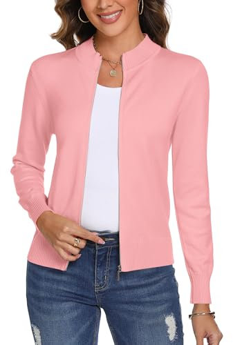 Aottori Cardigan Zippé Femmes à Manches Longues Veste en Maille Manteau Col Montant Sweat-Shirt Côtelé Pull Casual Rose L