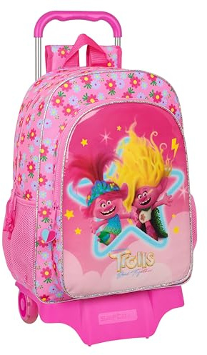 TROLLS 3 Großer Schulrucksack mit Trolley, Kinderrucksack, Kinderrucksack, anpassbar an den Kinderwagen, ideal für Schulkinder, bequem und vielseitig, Qualität und Stärke, 33 x 15 x 42 cm, Rosa, Rosa,