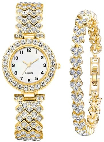 Women Diamond Watchs Luxury Fashion Ladies Bangle Bracelet Set Wrist Watch Female Dress Watch, 01 Gold, Luxury and stylish