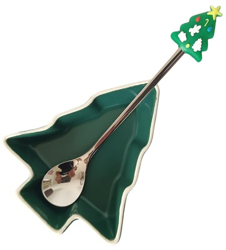 TOPYOKK Coffee Spoon Rest for Coffee Bar, Christmas Tree Small Spoon Rest for Coffee Station, Tea Spoon Rest Teaspoon Rest Tea Spoon Holder and Spoon with Silicone Christmas Tree Handle