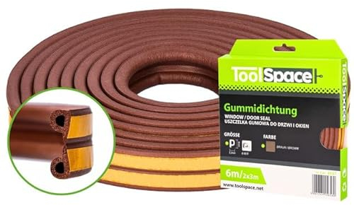 ToolSpace Türdichtung Selbstklebend Dichtungsband Dichtungsgummi Door Sealing Strip P Profil Braun Gummidichtung für Fenster & Türen 6M Fensterdichtung Anti-Kollision Gummi Schaum Schaumstoffband
