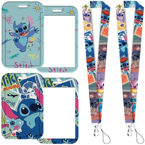 2 Stück Stitch Ausweishülle mit Lanyard, Ausweishalter mit Abnehmbarem Umhängeband modischer Kartenhülle Name Kreditkarten Ausweisschutz, für Schlüssel, ID Karten, Work ID, Studentenausweis