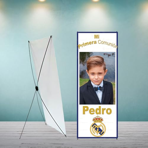 Cartel Comunión Niño/Niña Real Madrid personalizado para bienvenida invitados con soporte incluido