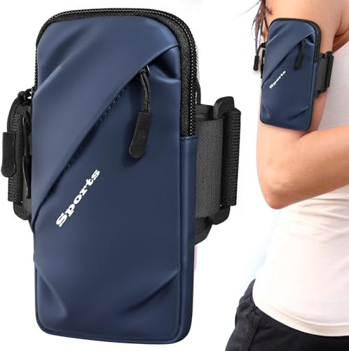 TicEaik Running Armband for Apple iPhone, Android,Phones up to 6.7,Key,EarphoneZipper Pocket Sweatproof Cell Phone Armband Case Men,Women Adjustable Strap Perfect with Zipper(Blue)