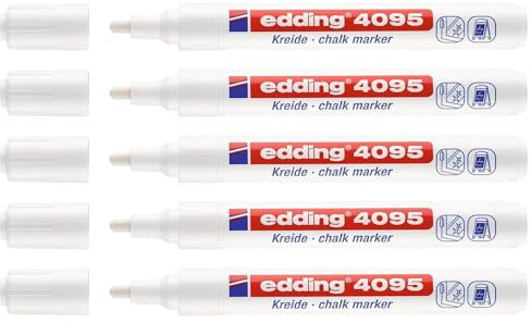 Edding Flüssigkreidemarker 4095 Kreidemarker für Schiefer und Fenster, weiß, Rundspitze, 2-3 mm, 5 Stück