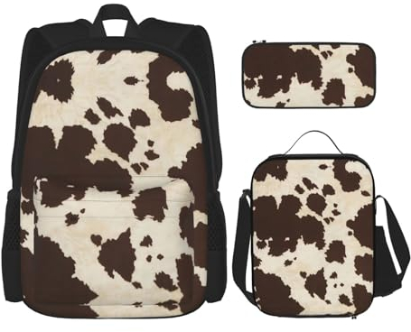 GaxfjRu Rucksack mit Kuhfell-Aufdruck, Schulrucksack-Set mit Lunchtasche, Federmäppchen, großes Fassungsvermögen, 43,2 cm, 3-in-1-Set