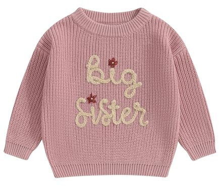 Yassiglia Big Sister Little Sister Matching Outfits Toddler Baby Girls Fall Winter Jumper Cute Knit Sweater Letter Embroidery Pullover Top Knitwear (Rosy Pink-Big, 3-4 Years)