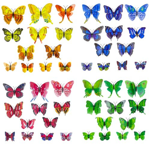 TAIYOU 48 Pièces Autocollants Muraux Colorés Forme Papillon 3D Double Couche - Décoration D'intérieur, Stickers Frigo, Décoration Jardin - Bleu, Jaune, Vert, Rose