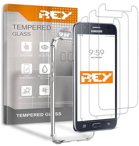 REY 3X Protector de Pantalla y Funda Anti-Shock para Samsung Galaxy J7 2016, Cristal Vidrio Templado y Silicona TPU de Alta Resistencia