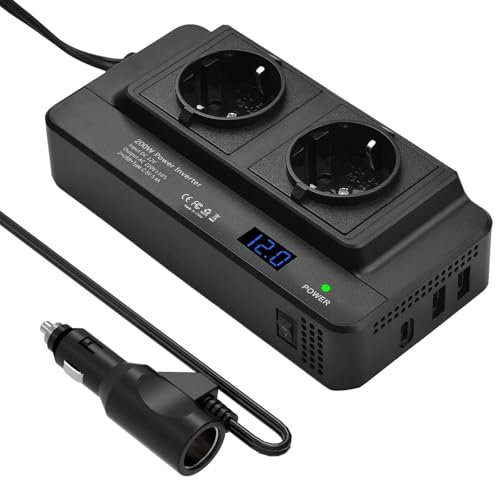 200W Auto Spannungswandler, Wechselrichter 12v auf 230v mit 2 Ladesteckdosen und Zwei USB Ports, Adapter Zigarettenanzünder Steckdose für Geschaeftsfahrten und Urlaub