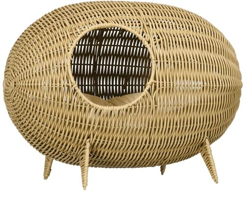 PawHut Niche pour Chat lit pour Chat Panier Chat masion de Chat en résine tresée Imitation rotin Grotte à Chats Grand Confort dim. 55L x 36l x 42H cm Coussin Moelleux Beige Inclus