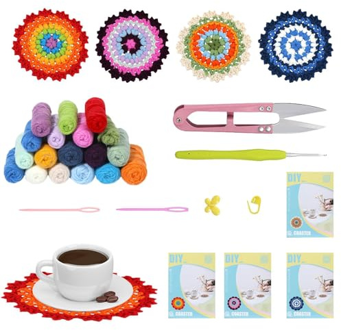 fanelod Coasters Crochet Starters Kit, Complete Knitting Crochet Supplies with Crochet Hooks, Complete Handmade Flower Pot Coaster Crochet Starters Kit for Home Kitchen Decor