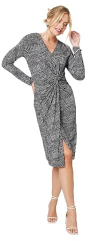 Izabel London Printed Twist Front Knee Length Dress for Women UK with a v-Neck, a Split Hem and Long Sleeves.