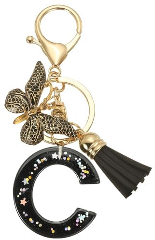 PATIKIL Porte-clés de lettre initiale de l'alphabet, porte-clés mignon en résine avec pendentif de lettre C papillon à pompon pour femmes, accessoires de sac à main, noir