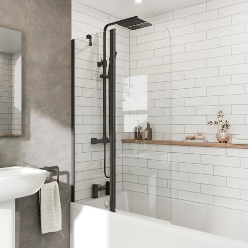 Luxura® 1400 x 1000mm Black 2 Section Folding Over Bath Shower Screen Door 6mm Clear Toughened Safety Glass Panel 180° Pivot Bathroom Hinged Framed Bath Screens