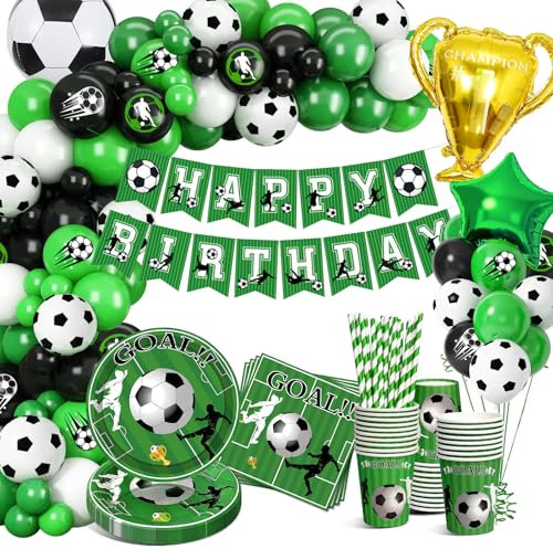 YEJIKJ Fussball Deko Geburtstag Kinder, Fußball Party Dekorationen Partygeschirr Set, Fussball Partygeschirr Pappteller, Pappbecher, Servietten für 16 Gäste, Mädchen Junge Mottoparty Grün Folienballon