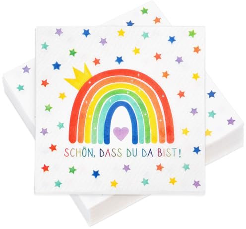 100 Servietten Regenbogen Schön, dass du da bist Tischdeko, 3-lagige Servietten 33 x 33 cm, geeignet für Geburtstage, Taufen, Kommunionen, Party Tischdeko