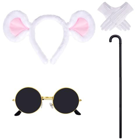 Mouse Costume Accessories Set Mouse Ears Headband Sunglasses Blind Cane White Gloves for Halloween Adult Women Costume, White, One size