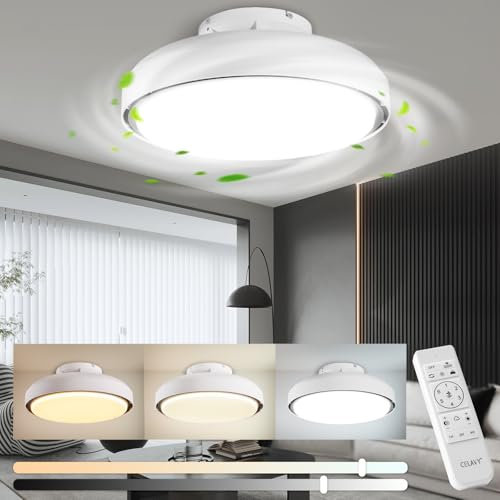 CELAVY 80W Bladeless Ceiling Fan with Lights and Remote Control, 51CM Modern Ceiling Fans with Lamps for Bedroom Living Room, LED Silent Stepless Dimmable Light Fan Ceiling Flush Mount, White & Black