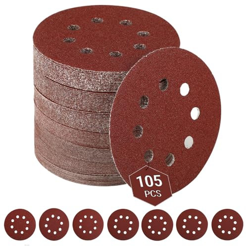 105 Pezzi Dischi Abrasivi 125mm - 8 Fori Rotondi Carta Vetrata Abrasiva - per Levigatrice Orbitale, Spolveratura (Grana 40/60/80/120/180/240/320 x 15)