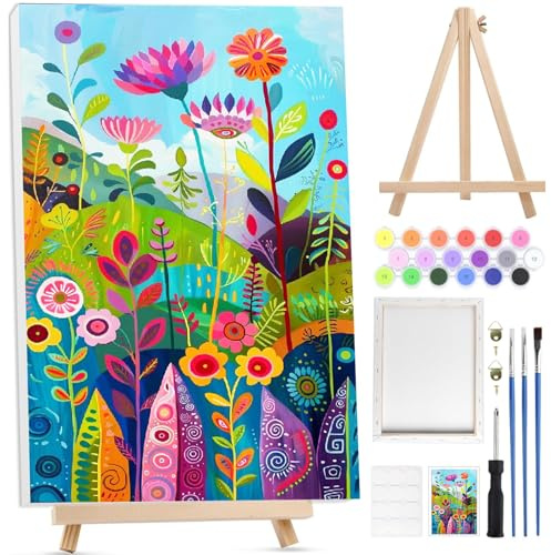 BOWETILE Fleurs Colorées Peinture par Numéros pour Adultes Avec Cadre, Kit Paysage Peinture Numero pour Adultes Débutants Kit Toile avec Chevalet en Bois,DIY Peinture Acrylique pour Décoration 20x30cm