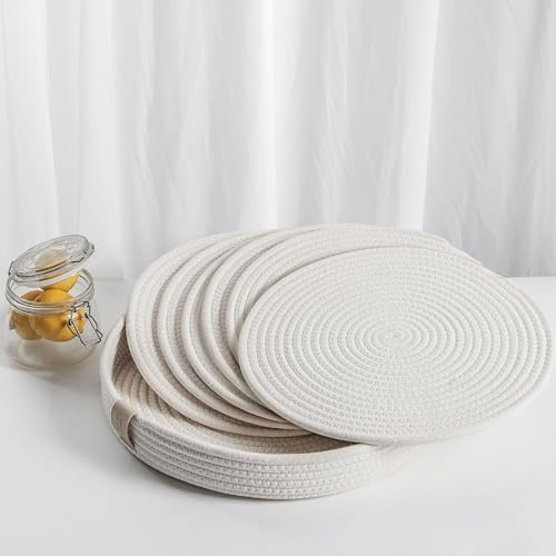 Art Pinecone Platzsets aus gewebtem Baumwollseil, rund, 6 Stück, mit Halter, rutschfest und hitzebeständig, Shabby-Chic-Tischsets (gebrochenes Weiß, 33 cm, 6 Stück)