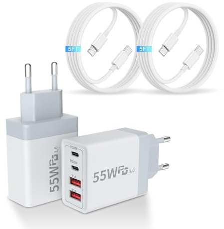 Chargeur USB-C 55 W, Lot de Deux Chargeurs Rapides GaN Compacts à 4 Ports, Compatibles Avec iPhone 17/16/15/14/13, Samsung, iPad, AirPods, Switch, PS5