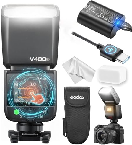Godox V480 F Kamera Blitz Speedlite, V480F Touchscreen-Blitz, GN50 TTL HSS 1/8000s, Kompatibel mit Fujifilm X100VI GFX100RF XS20 XS10 XT30 II XT5 XM5 GFX50S GFX50R X-T4 X-T3 X-E4