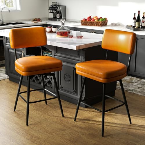 Urhanherry 360°drehbarer Barhocker 1er Set mit Lehne, Mid-Century-Stil, Barstuhl mit Rückenlehne Fußstütze für Theke, Küche, Hausbar, Doppeltes Sitzkissen-Design - Karamellbraun