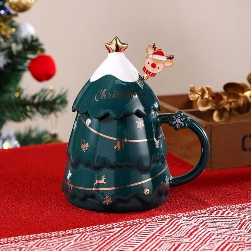 Huiyiwert Tazza da caffè divertente di Natale 3D, a forma di albero di Natale, con coperchio e cucchiaio, 400 ml, idea regalo per ragazze, nonne, donne, uomini, fidanzate (verde)