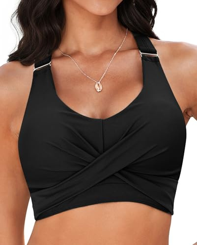 Vetinee Black Bikini Top Sports Bikini Swimming Tops for Women Black Size Large Fits UK 16-18