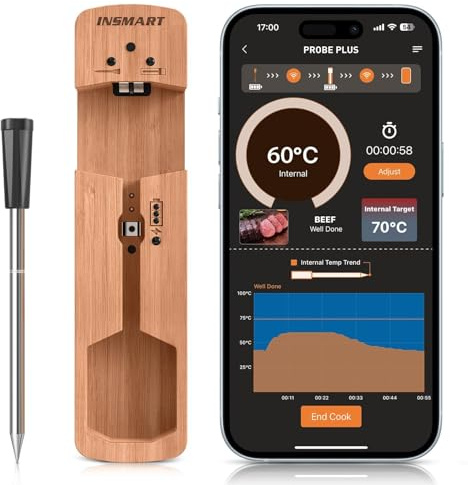 INSMART Smart Fleischthermometer, Grillthermometer mit 100m Reichweite, Bluetooth Bratenthermometer mit App, Multi-Sensor-Technologie, geeignet für Backöfen, Grills, Smoker, Küchen, IPX7 wasserdicht