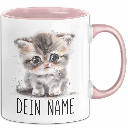 Katze Tasse mit Namen – Personalisierte Tasse Geburtstag Geschenkidee süßes Katzemotiv Niedlich Verspielte Namenstasse (Rosa)