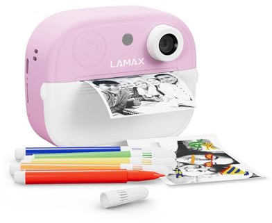 LAMAX InstaKid2 Play Blue Kinderkamera Sofortbildkamera für Kinder Digitalkamera mit Thermodruck ohne Tinte Selfie, Spiele, Sticker, USB-C, 2 Rolle Thermopapier (InstaKid2 Play Pink)