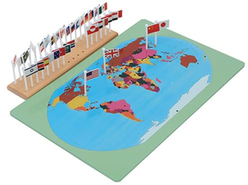 LLTCMYGS Ensemble de Drapeaux et Cartes du Monde Montessori, Jouet d'apprentissage de la géographie en Bois pour Enfants, Jeu d'association de Drapeaux