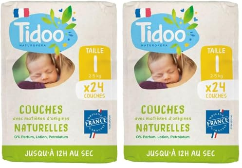 TIDOO- Couches écologique Taille 1 (2-5kg) - Origine Naturelle, sans substances nocives - 12h au sec, ultra absorbantes - Fabriquées en France - Pack naissance de 24 couches (Lot de 2)