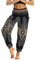 Nuofengkudu Damen Hippie Haremshose Capri Thai Hose Leichte mit Taschen Dünn Boho Ethno Blumenmuster Muster Strand Sommerhose Yogahose Schwarz Muster