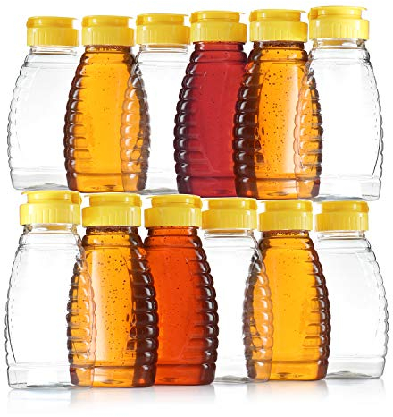 DilaBee Packung mit 12 leeren Flaschen für Honig Durchsichtige Plastikhoniggläser Plastikhonigbehälter Nachfüllpackung mit 16 oz Quetschhonigflasche und auslaufsicheren Flip-Top-Verschlüssen