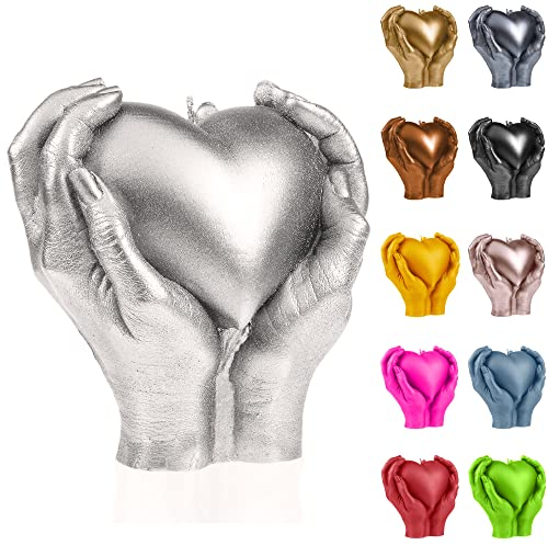 Candellana Kerze Herz Hand | Höhe: 16 cm | Silber | Brennzeit 35h | Kerzengröße gleicht 1:1 einer realen Hand | Handgemacht in der EU, 160x160x75 mm