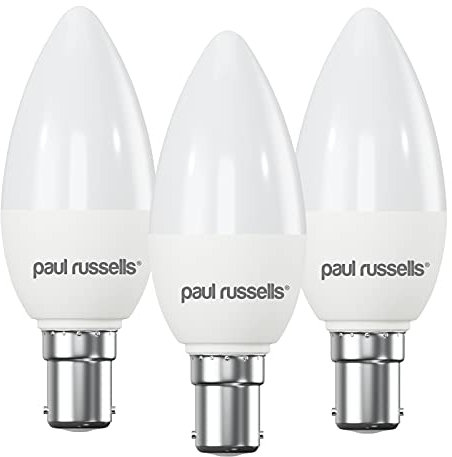 paul russells LED Light Small Bayonet Cap B15, 60watt Equivalent, 6.5W 806LM LED Bulbs, 6500K Bright Daylight, Frosted C35 SBC Candle Energy Saving Non-Dimmable Chandelier Lightbulbs, 3 Pack