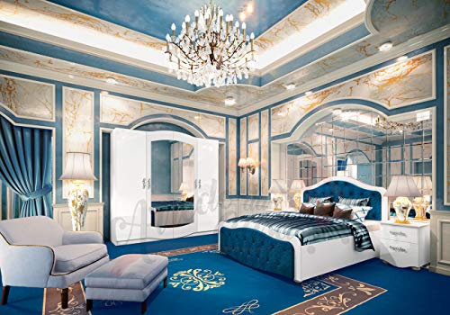 Stanza da Letto Blu e Bianco Lucido Camera Matrimoniale Completa Comprensiva di Letto Imbottito alla Base e sulla Testiera Due Comodini Ed Un Armadio a 4 Ante CDLI3